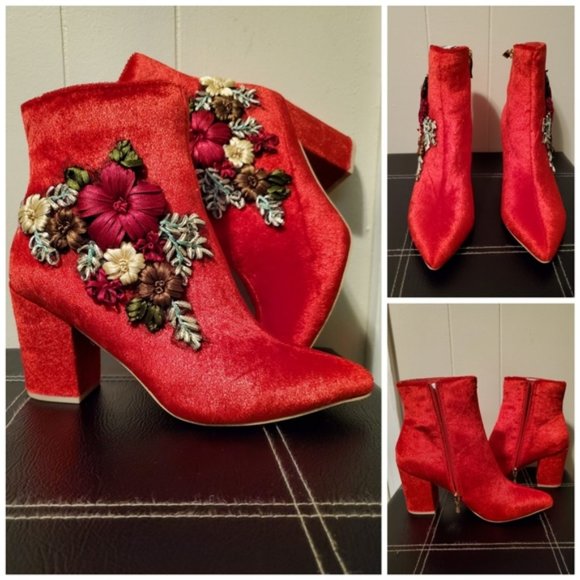 Red Velour Velvety Bootie for Winter, Fall, Parties - Picture 2 of 4